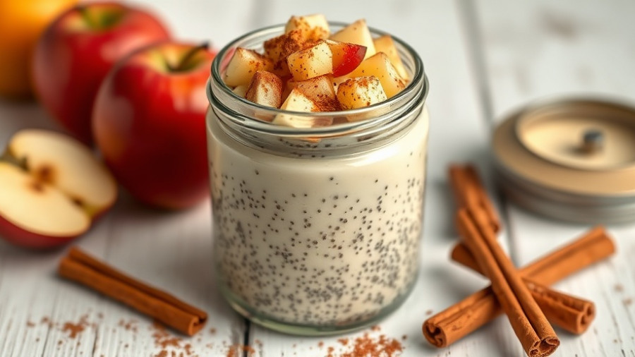 Healthy apple chia pudding in a glass jar with diced apples.