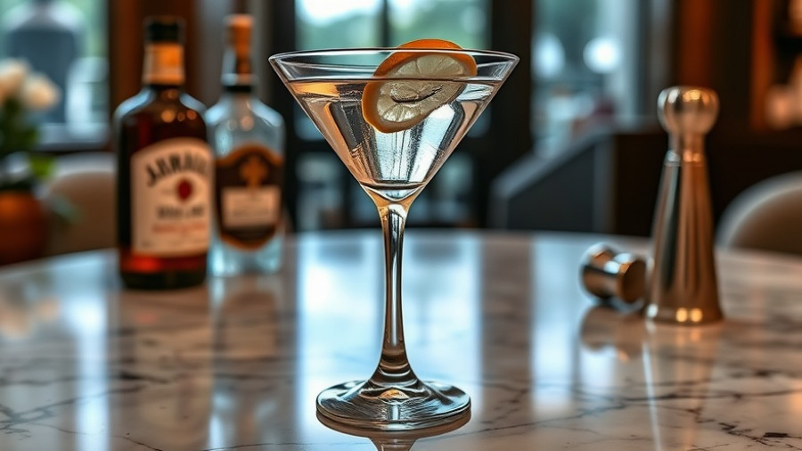 Classic martini recipe with lemon twist on marble table.