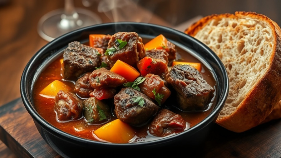 Easy beef stew recipe served with fresh bread.