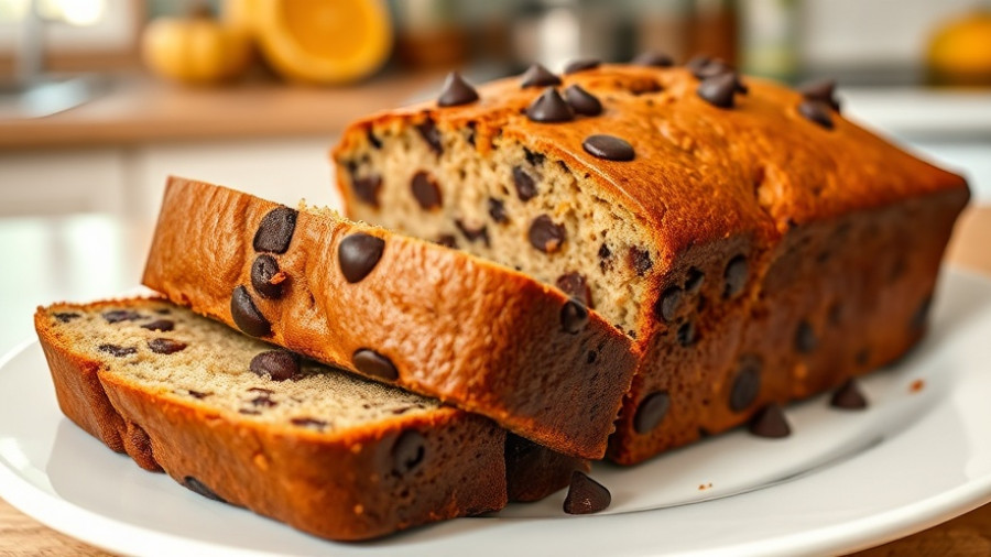 Sliced chocolate chip zucchini bread on a white plate.