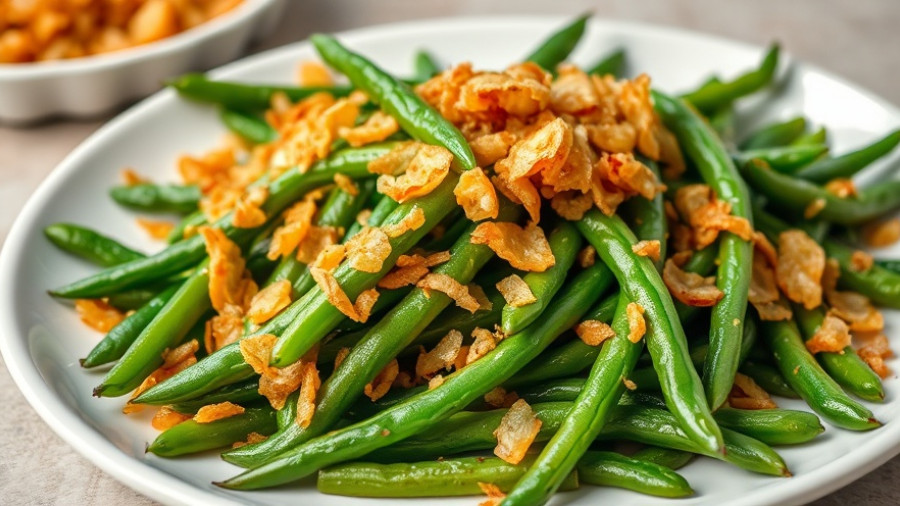 Vibrant healthy Thanksgiving side dish of green beans with crispy onions.