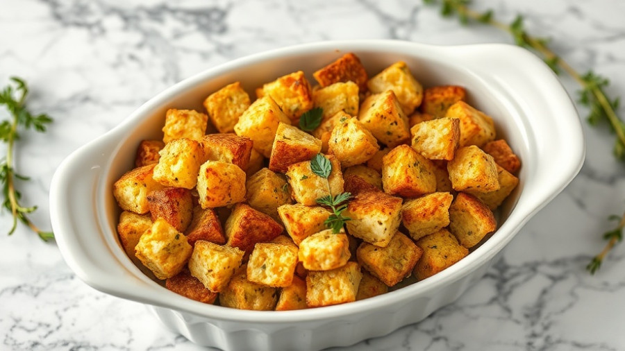 Golden brown stuffing in a ceramic dish with herbs; best stuffing recipe.