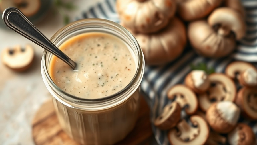 Homemade cream of mushroom soup in a jar with fresh mushrooms.