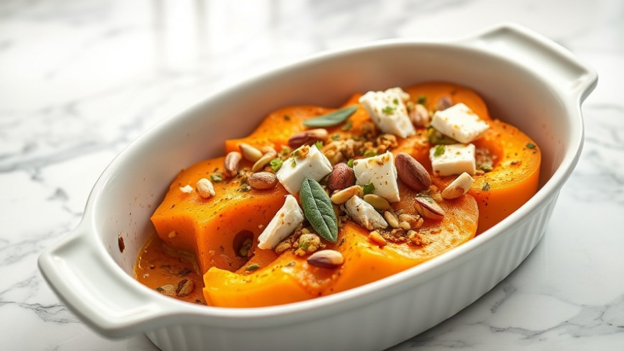 Butternut squash bake with goat cheese and pistachios in a ceramic dish.