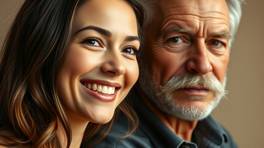 Celebrity gossip: Smiling young woman with middle-aged man, studio portrait.