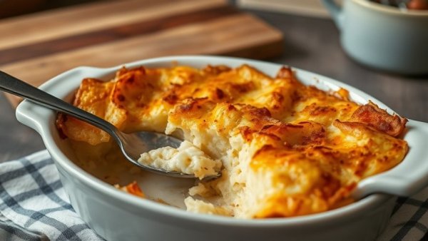 Delicious creamy scalloped potatoes in a baking dish with fresh herbs.