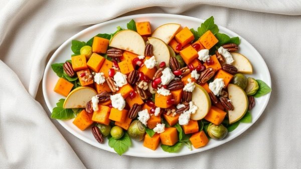 Vibrant butternut squash salad with pears, pecans, and pomegranate.