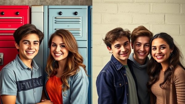 Collage of fictional couples with overlay text, nostalgic vibe.