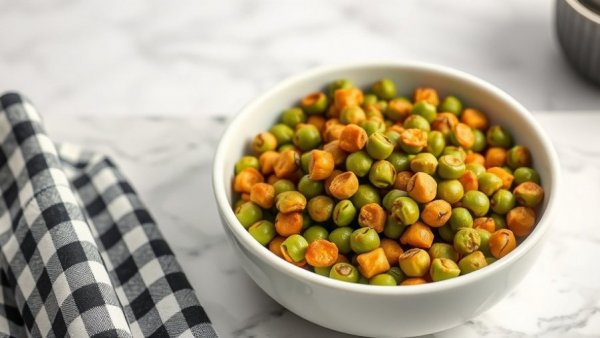 Crunchy roasted peas recipe in a white bowl on marble.