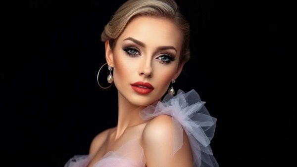 Elegant woman with catwalk party eye makeup trends in glam gown.