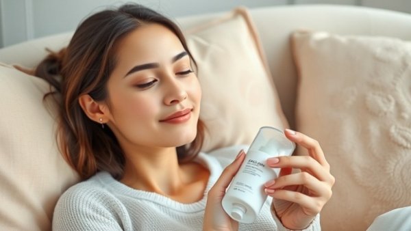 Relaxed woman holding retinol alternative skincare product.