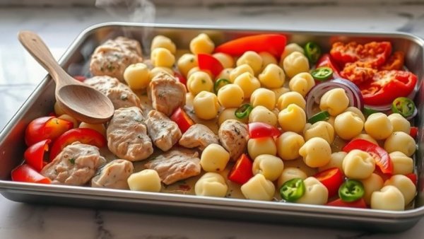 Healthy sheet pan chicken scarpariello with gnocchi and vegetables.
