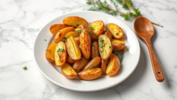 Delicious roasted fingerling potatoes recipe on a white plate.