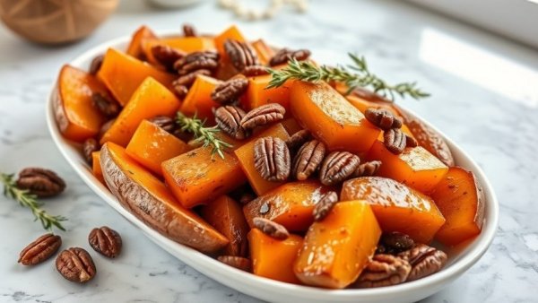 Easy candied sweet potatoes with pecans and thyme in a white dish.