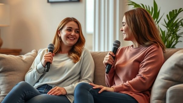 Two women discussing women's brain health on a sofa with microphones.