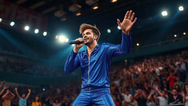 Energetic performer on stage in glittering blue outfit, favorite singers of 2025.