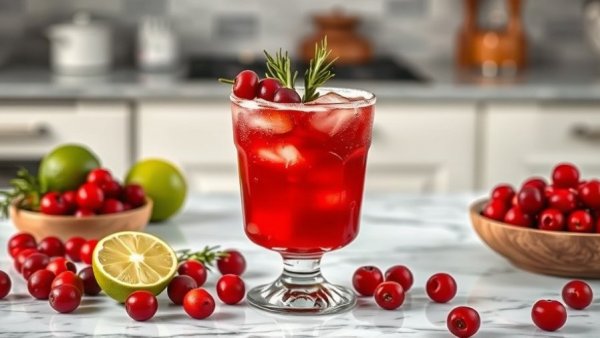 Cranberry margarita with cranberries and rosemary on marble countertop.