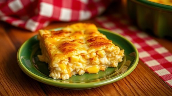 Cheesy creamy corn casserole on a green plate.