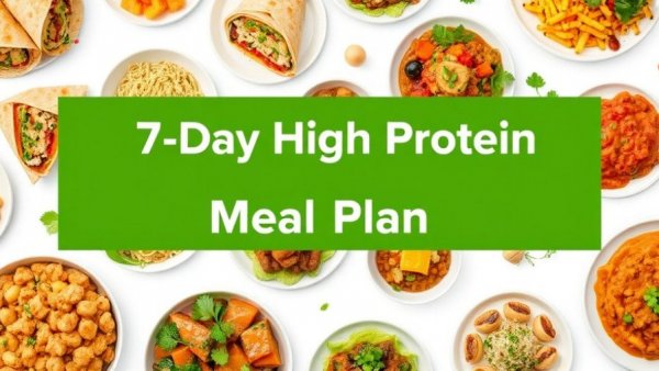 Colorful 7 Day High Protein Diet Meal Plan with various dishes.