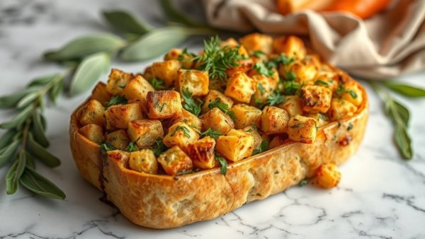 Golden stuffing with herbs and veggies in a baking dish - Best Thanksgiving Stuffing Recipe