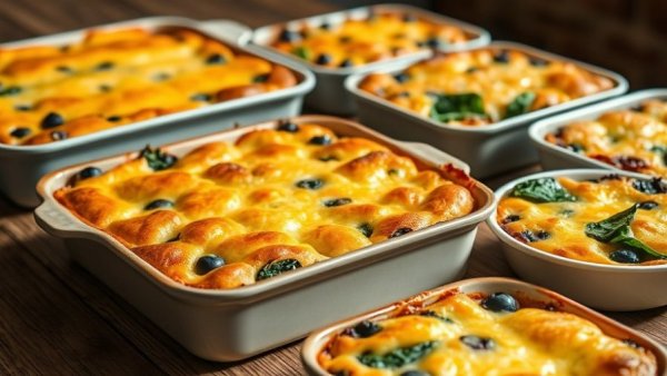 Variety of healthy breakfast casseroles on a wooden table.