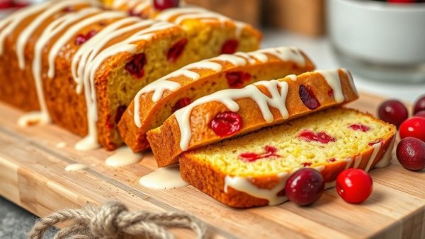 Cranberry Orange Bread with icing on a cutting board.