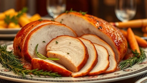Golden-brown dry brine turkey slices with herbs.