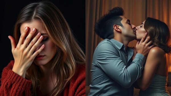 Contrasting expressions of dating a celebrity: conflicted shielding and passionate kiss.