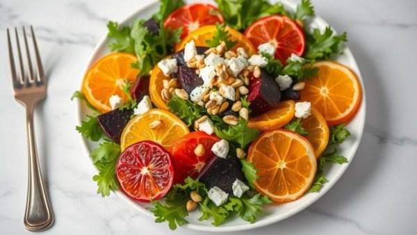 Vibrant roasted beet and citrus salad with goat cheese on marble table.