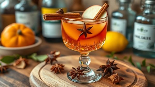 Thanksgiving cocktail with apple and spices in a crystal glass.