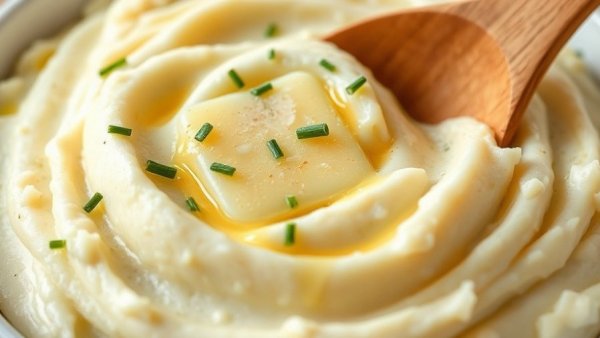 Creamy mashed potatoes for Thanksgiving with butter and chives.
