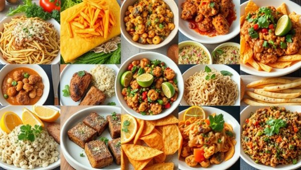 Colorful collage of a free 7-day healthy meal plan with diverse dishes.
