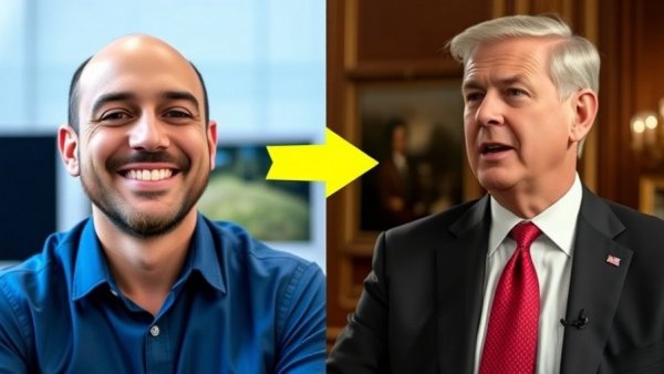 Split image of two men with a yellow arrow between them.