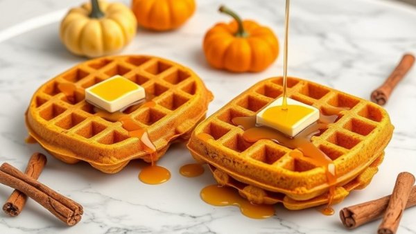 Healthy pumpkin waffles with butter and syrup on a marble surface.
