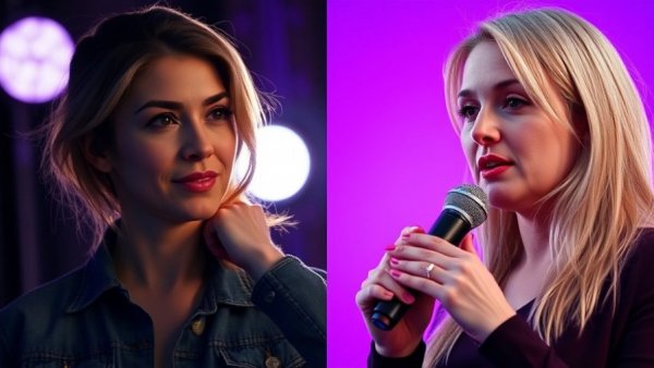 Celebrity gossip split-screen image with contrasting vibrant backgrounds.