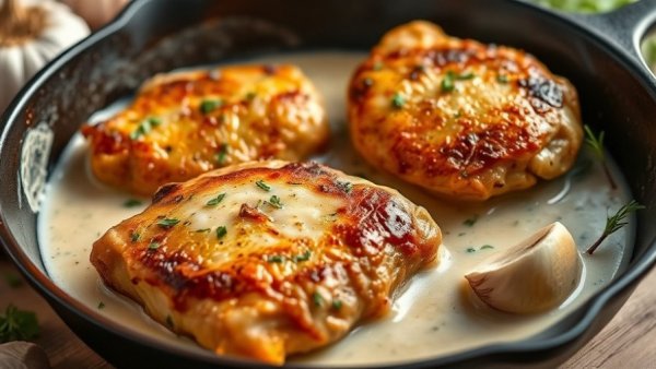 30 Cloves Garlic Chicken in cast iron skillet with sauce.