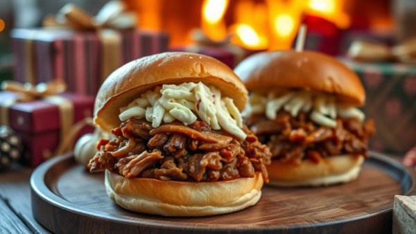 Festive slow-cooker pulled pork sliders with coleslaw.