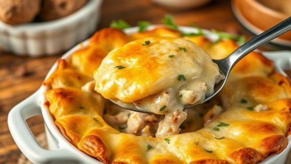 Healthy leftover turkey pot pie in dish with spoon.