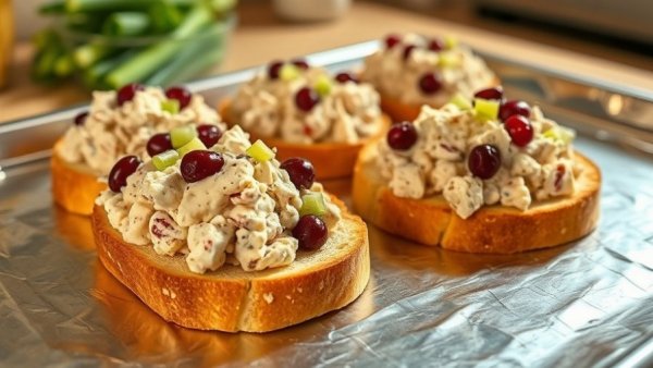 Thanksgiving leftover turkey salad on toast with cranberries and celery.