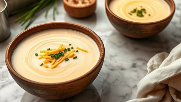 Creamy potato soup with cheese and chives in bowls.