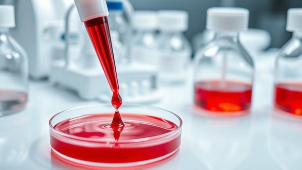 Laboratory pipette dispensing red liquid into petri dish, research setup.