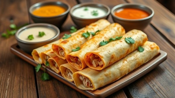 Appetizing creamy baked chicken taquitos with sauces on wooden table.