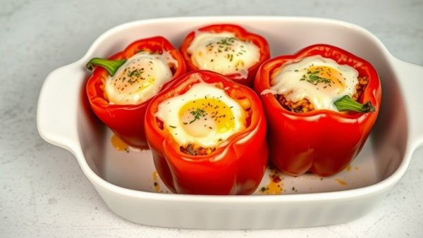 Healthy breakfast stuffed peppers with cheese in baking dish.