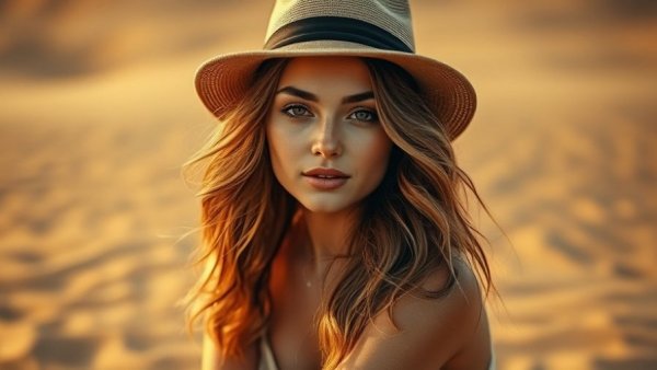 Young woman with hat in desert setting, relaxed and natural pose.