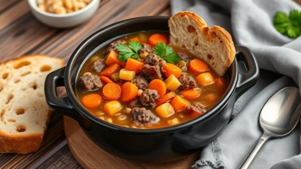 Crock pot beef barley soup with bread and parsley on rustic table.