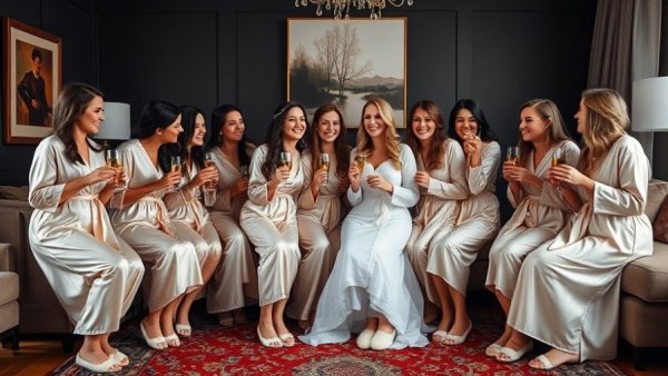 Bridal makeup scene with smiling bridal party in silk robes.