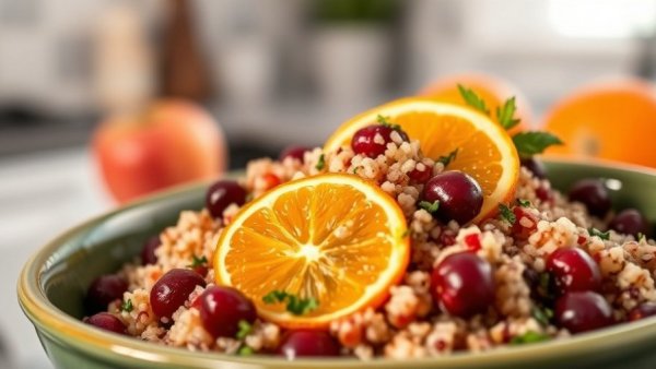 Cranberry Quinoa Salad in a green bowl with orange slices.