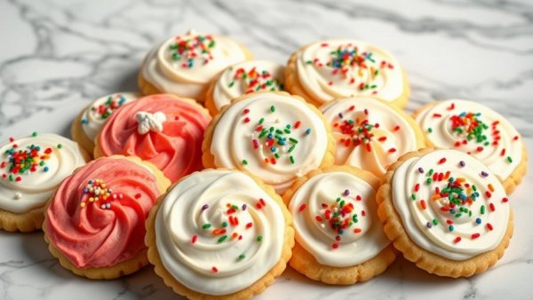 Colorful spritz cookies on a marble background.