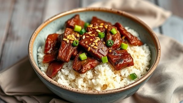 Delicious Slow Cooker Korean Beef bowl with rice and garnishes.