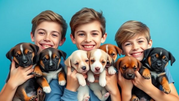 Jonas Brothers with puppies, cute portrait, vibrant colors.
